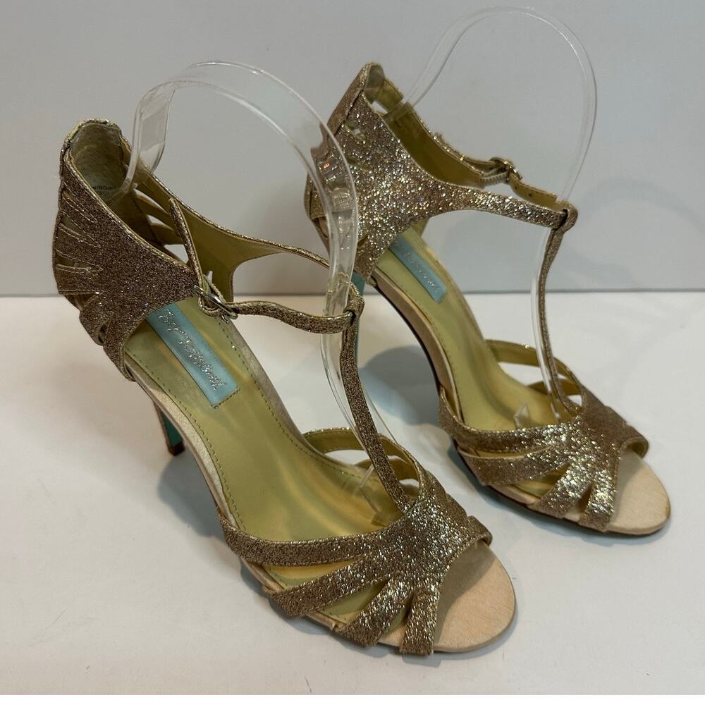 Betsey Johnson SB-Tee Glitter Strappy Heels Women’s 7.5 Champagne Gold Party